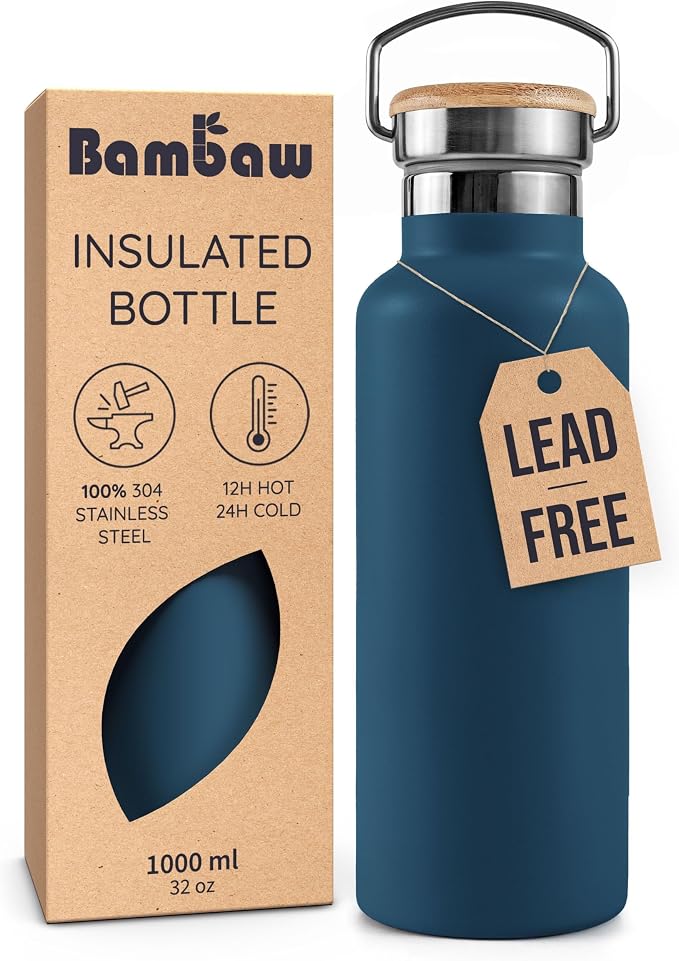 Bambaw Insulated Water Bottle 32 oz, Reusable Water Bottle Stainless Steel by Bambaw