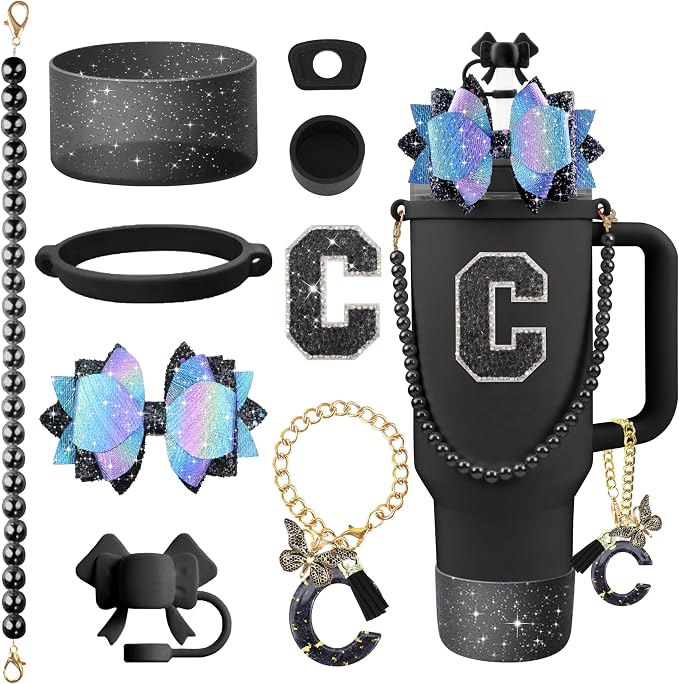 9PCS Black for Stanley Cup Accessories Set Bling Initials Bow Charms for by Unknown