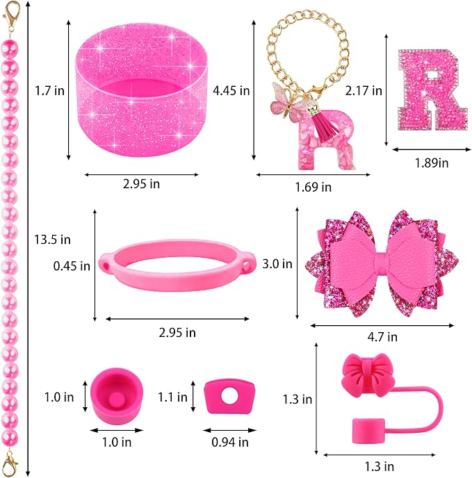 9PCS Hot Pink for Stanley Cup Accessories Set Bling Initials Bow Charms for - Image 3