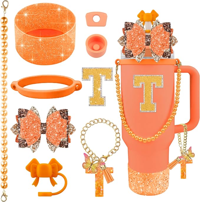 9PCS Orange for Stanley Cup Accessories Set Bling Initials Bow Charms for by Unknown