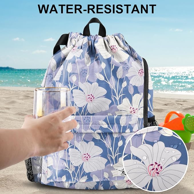 Drawstring Backpack with Mesh Pockets String Gym Bag Sackpack Sandproof Water - Image 3
