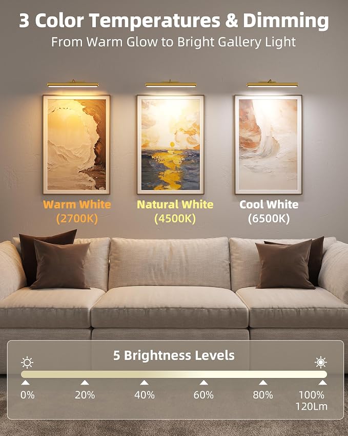 EZVALO Picture Lights for Wall, Wireless Dimmable 3 Color Temps Art Lights for - Image 3
