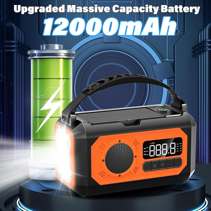 44400mWh/12000mAh Emergency Weather Radio, Hand Crank Radio Solar Radio - Image 3
