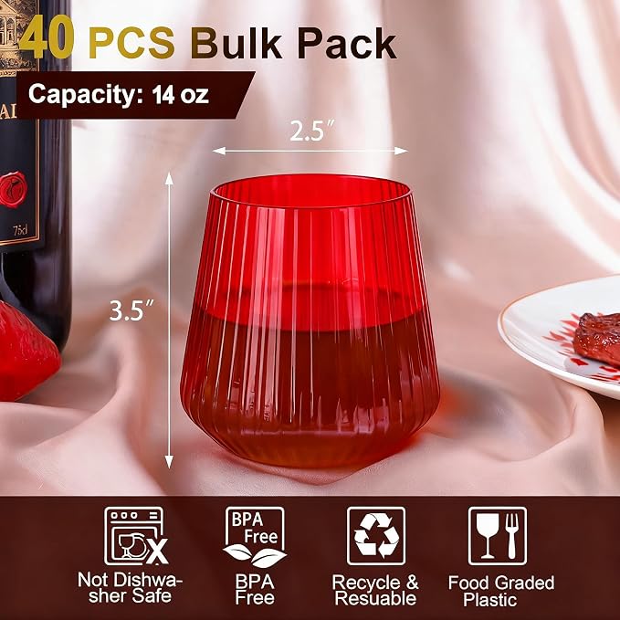 Lueumxc 40 Pack Plastic Ribbed Wine Glasses, 14Oz Origami Disposable Wine - Image 2