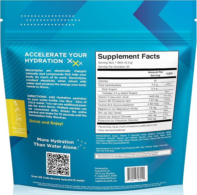 HydroMATE Electrolyte Powder Lemon Lime Hydration Packets Low Sugar 30 Count - Image 4