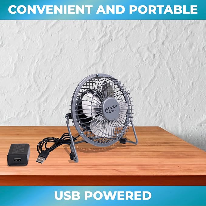 Comfort Zone 4-inch All-Metal Mini Desk Fan – High Velocity Portable USB Fan - Image 6