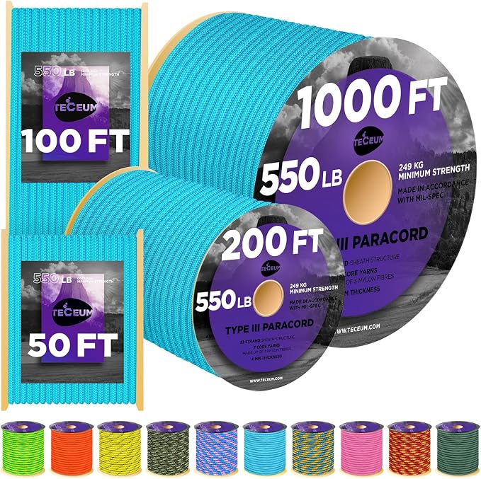 TECEUM Reflective Paracord Rope 1000 – 1000ft/200ft/100ft/50ft – 40+ Colors – by TECEUM