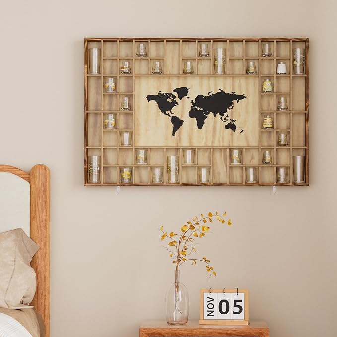 68 Large World Map Shot Glass Display Case Rustic Shot Glass Holder 37x 24.4in - Image 4