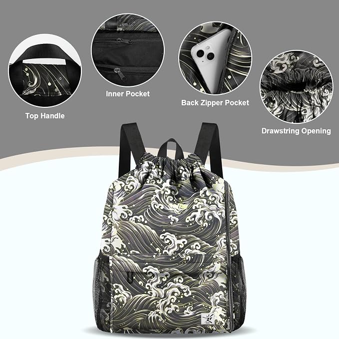 Drawstring Backpack with Mesh Pockets String Gym Bag Sackpack Sandproof Water - Image 4