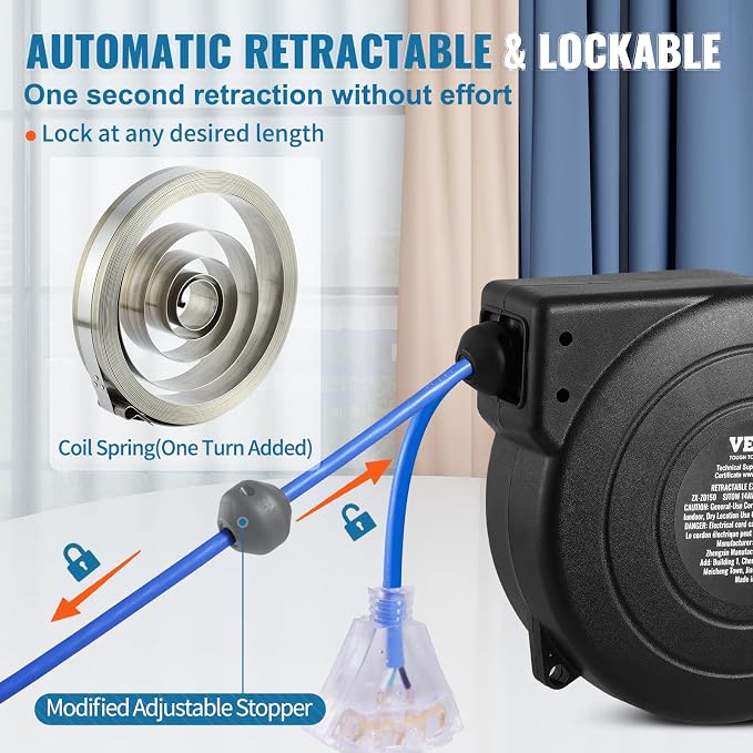 VEVOR Retractable Extension Cord Reel, 50 FT, Heavy Duty 14AWG/3C SJTOW - Image 5