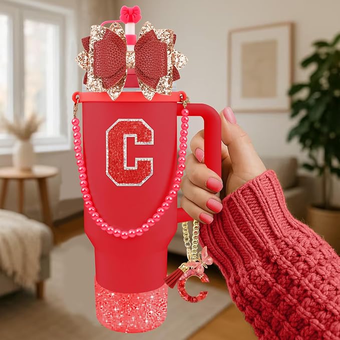 9PCS Red for Stanley Cup Accessories Set Bling Initials Bow Charms for Stanley - Image 2