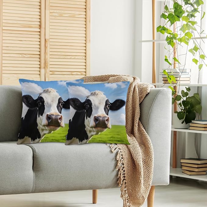 Swono Cow Bed Pillow Covers, Funny Farm Cattle Cow On Grass Meadow Decorative - Image 2
