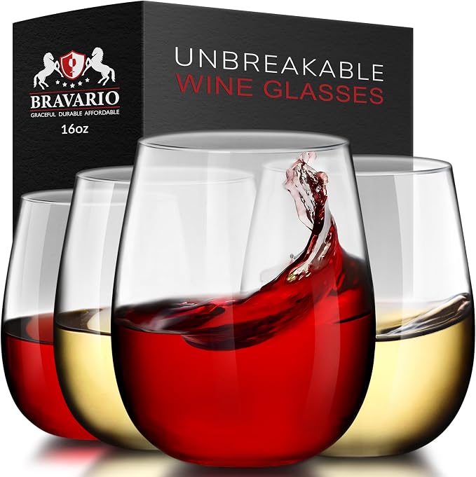 Bravario Unbreakable Stemless Plastic Wine Glasses | Reusable | Shatterproof by Bravario