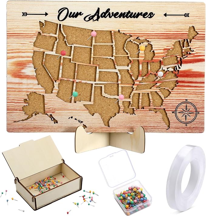 Cork Board USA Travel Map with Push 100 Pin and Wooden Storage Box 12" x 8" by Humyoun