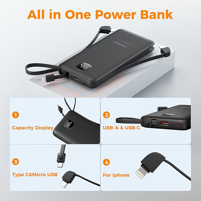 TESSAN Portable Charger with Built in Cables, 10000mAh Power Bank Fast Charging - Image 6