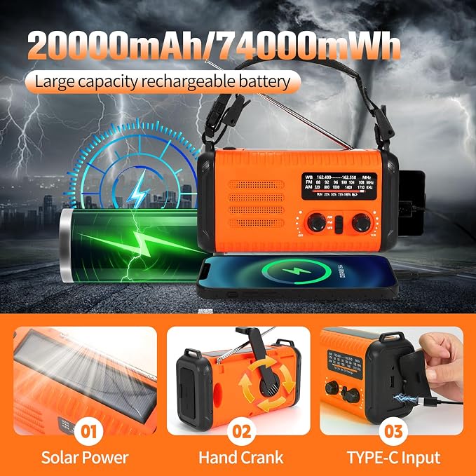 20000mAh Emergency Solar Crank Radio, 4 Ways Powered Portable Weather Radio - Image 3