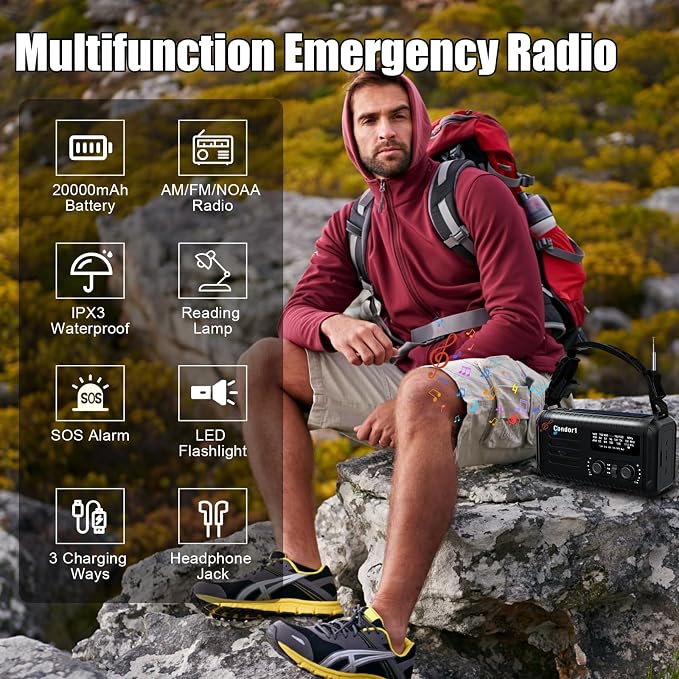 NOAA Weather Radio 20000mAh Battery Powered｜Solar Hand Crank Emergency Radio - Image 7