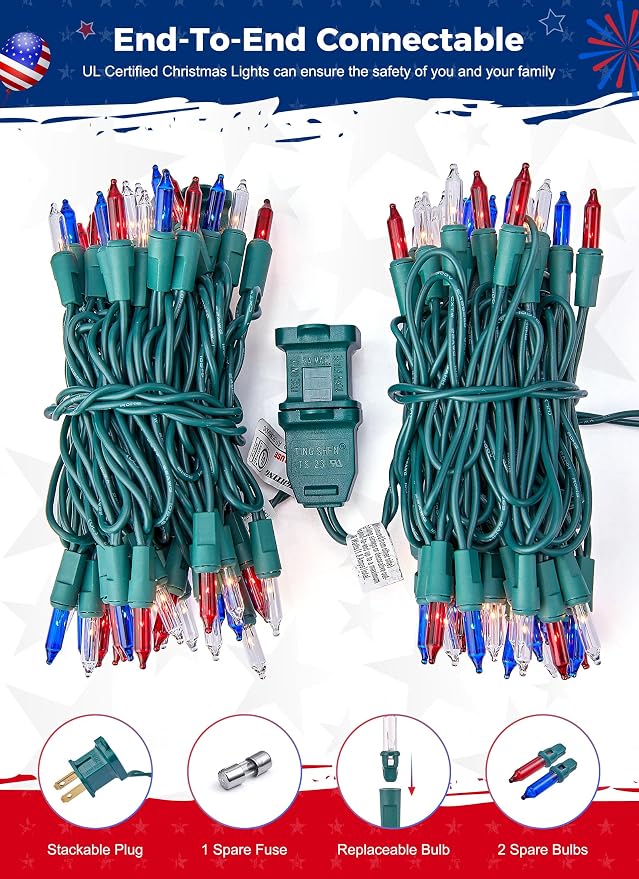 Red White Blue Mini Christmas Lights, 13ft Waterproof Lights - Image 4