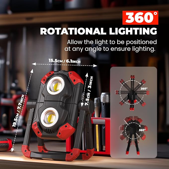 YZONI 2 Pack LED Work Light Rechargeable, 2 COB 2500LM Folding Portable Flood - Image 3