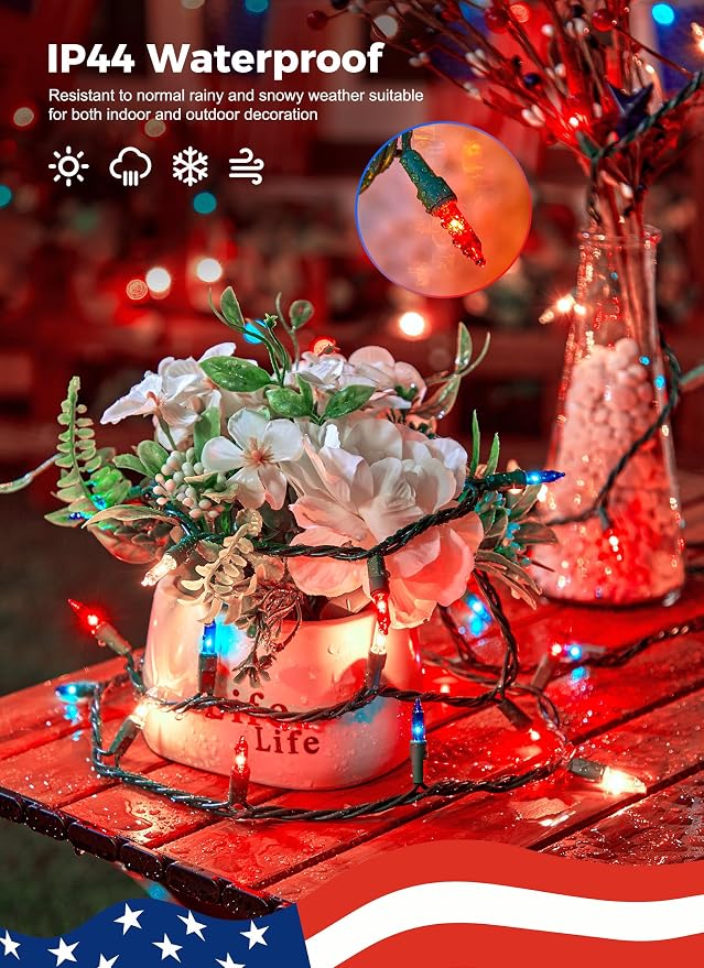 Red White Blue Mini Christmas Lights, 13ft Waterproof Lights - Image 2