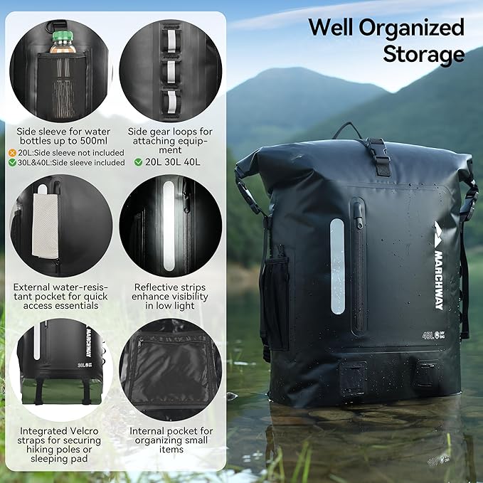 MARCHWAY Roll Top Waterproof Backpack, Floating Dry Bag 20L/30L/45L - Image 2