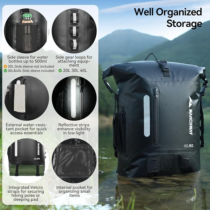 MARCHWAY Roll Top Waterproof Backpack, Floating Dry Bag 20L/30L/45L - Image 2