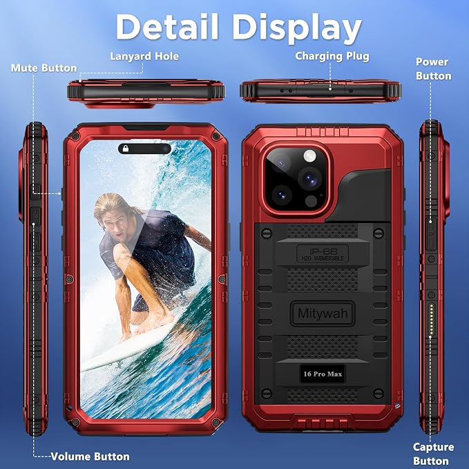 Mitywah Waterproof Case for iPhone 16 Pro Max, Heavy Duty Metal Cover - Image 6