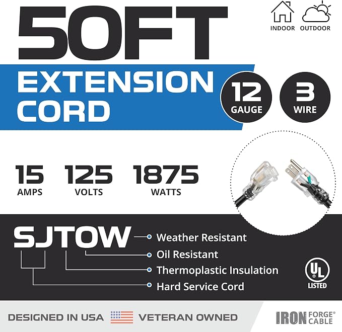 Iron Forge Cable Oil Resistant 12 Gauge Extension Cord 50 ft, 12/3 SJTOW 50 - Image 2