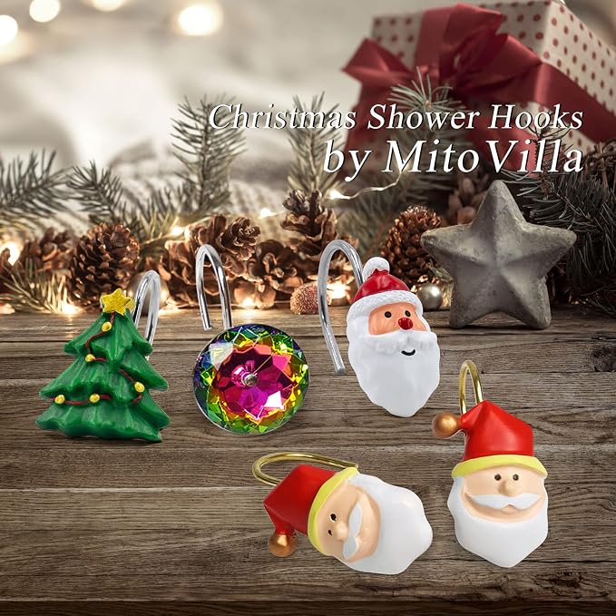 MitoVilla Christmas Shower Curtain Hooks Rings, Colorful Xmas Bling Shower Hooks - Image 7