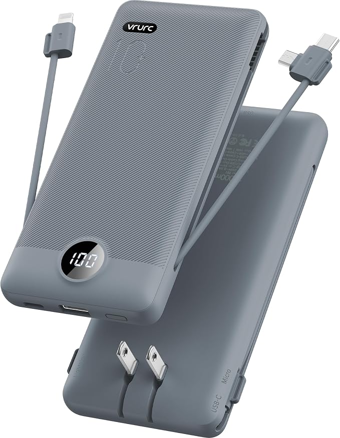VRURC Portable Charger Built-in Cables and AC Wall Plug, USB C Power Bank by Home