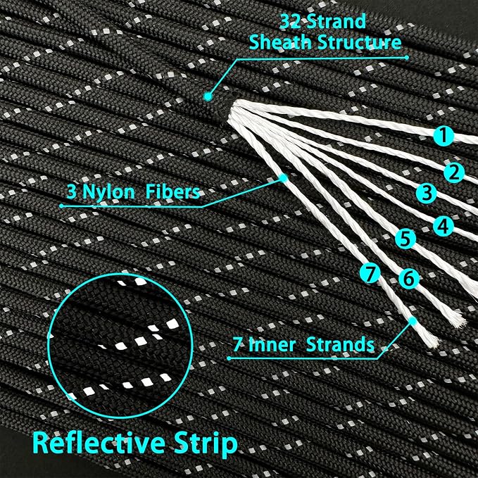 VVAAGG Reflective Paracord Rope 100FT, 7 Strand Nylon para Cord Lanyard Utility - Image 3