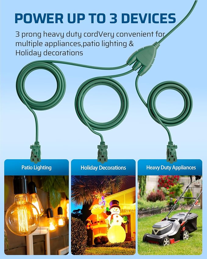 DEWENWILS Outdoor Extension Cord Multiple Outlets 45ft, Evenly Spaced 3 Outlets - Image 2