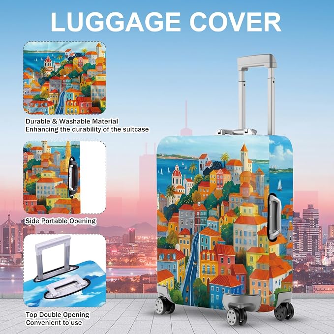 ANNA QUEEN Mediterranean Town Luggage Cover, Coastal City Suitcase Protector - Image 2