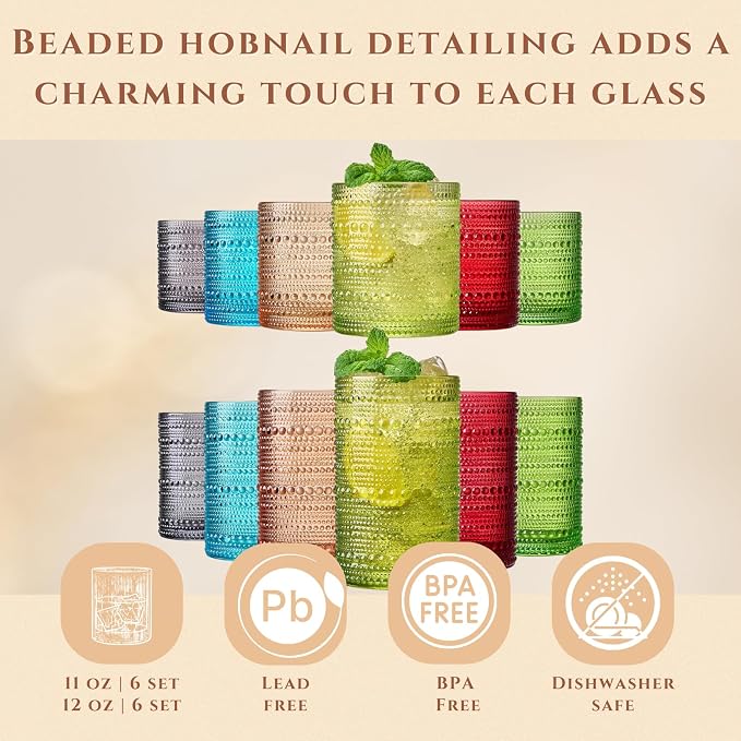Khen Hobnail Beaded Highball Drinking Tumbler Glasses | Set of 12 | Autumn - Image 3
