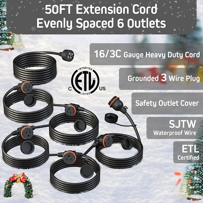 50FT Black Outdoor Extension Cord, Evenly Spaced 6 Outlets Plugs - Image 3