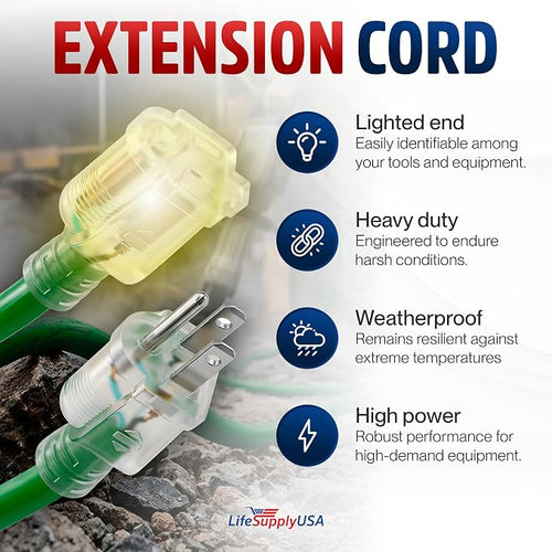 10ft Outdoor/Indoor Extension Cord 14/3 Gauge Heavy Duty 3 Prong SJTW, - Image 2