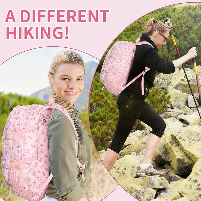 40l Foldable Pink Bow Backpack for Women Pink Waterproof Lightweight Packable - Image 6