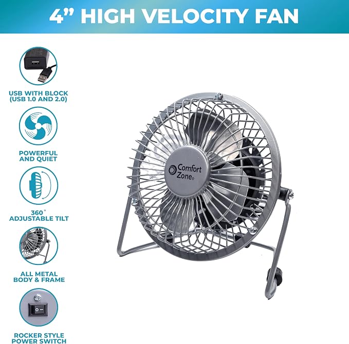 Comfort Zone 4-inch All-Metal Mini Desk Fan – High Velocity Portable USB Fan - Image 3