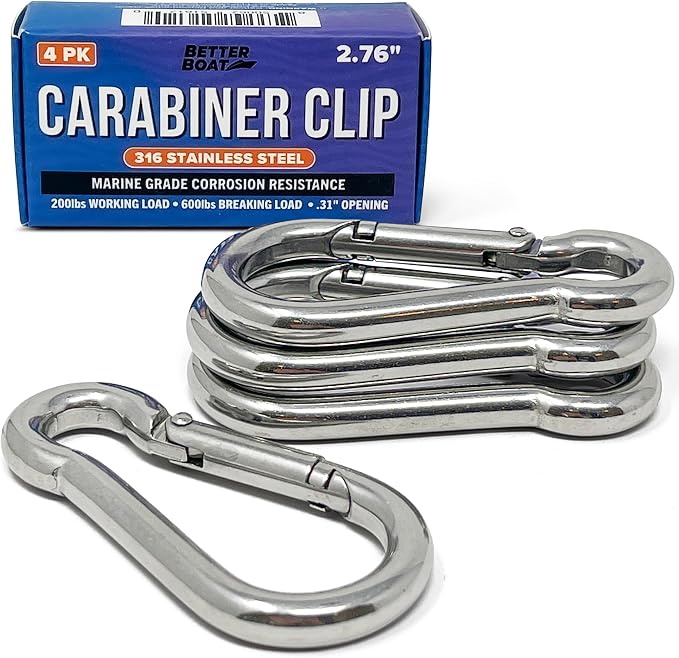 Stainless Steel Carabiner Clip, 4 Pack, 316 Marine Grade, Heavy Duty Spring by BetterBoat