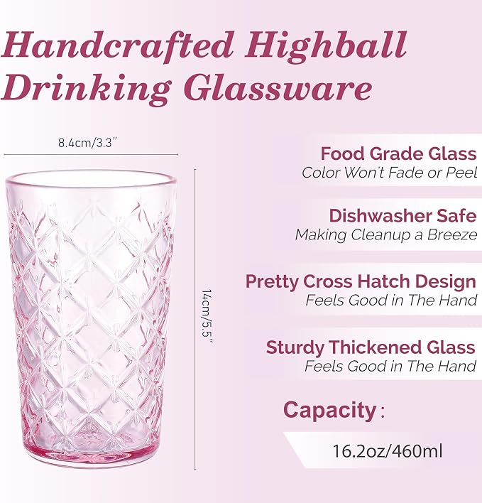 Drinking Highball Glasses Set of 4, Vintage Cross Hatch Glass Cups, 15.5oz Tall - Image 2