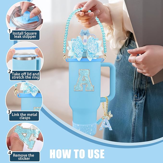 9PCS Blue for Stanley Cup Accessories Set Bling Initials Bow Charms for Stanley - Image 5