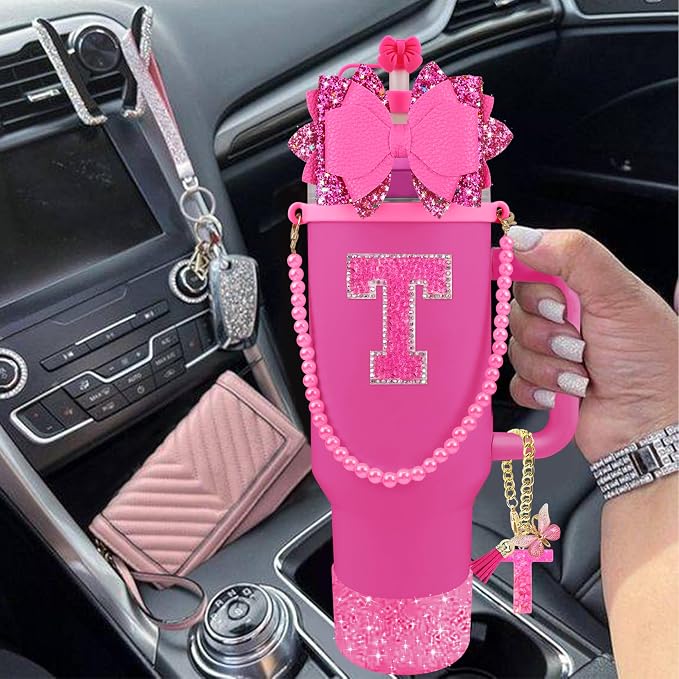 9PCS Hot Pink for Stanley Cup Accessories Set Bling Initials Bow Charms for - Image 6