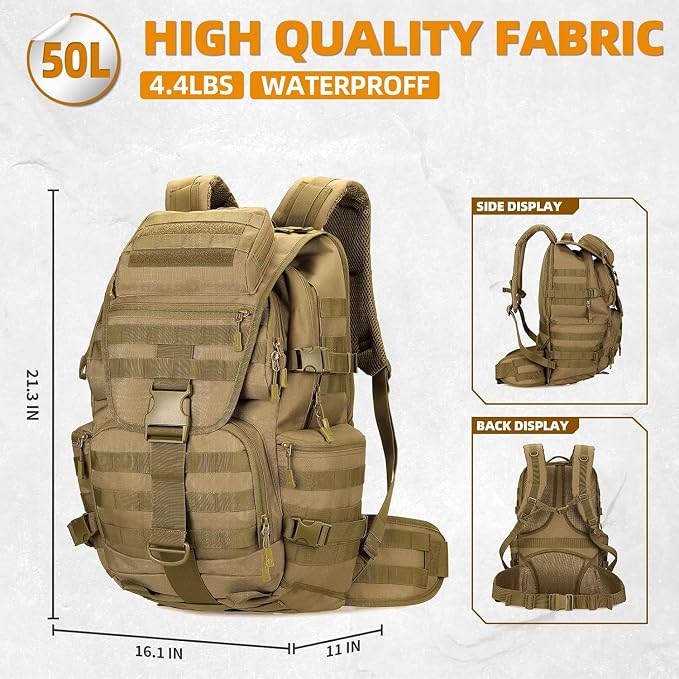 50L Military Tactical Backpack 3 Day Assault Pack Molle Daypack Hiking Backpack - Image 2