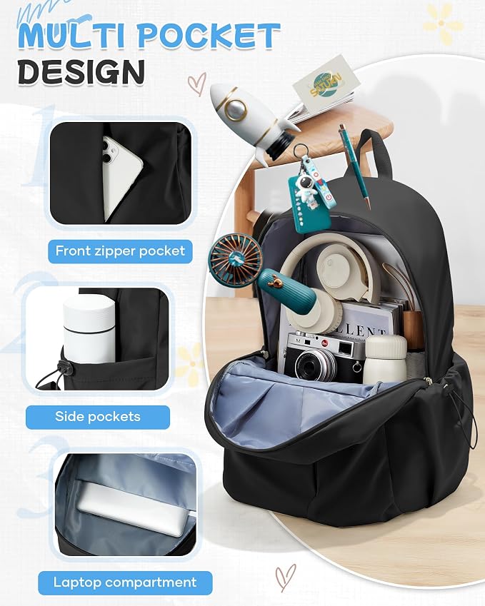 SEAFEW Black Backpack for School, High School Bookbag Back Pack for Teens Girls - Image 4