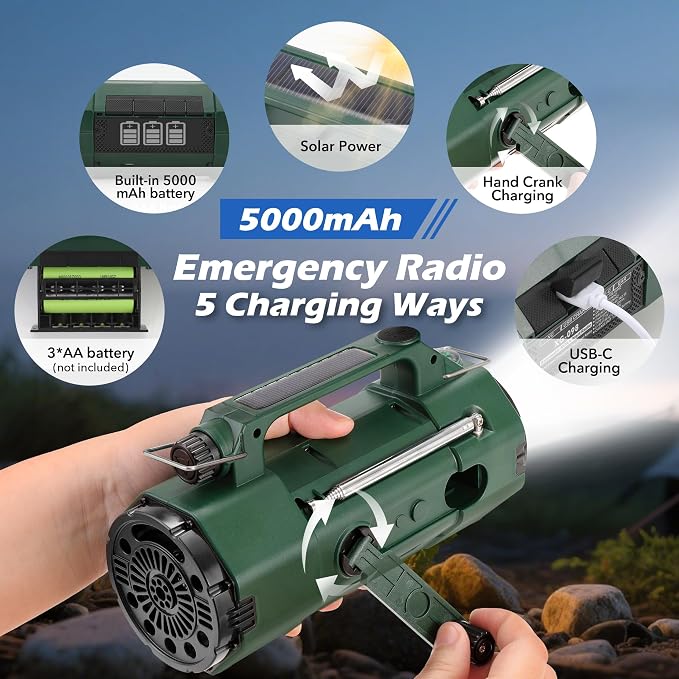 Emergency NOAA Weather Alert Radio FM/AM/SW, Hand Crank Radio Solar Powered - Image 3