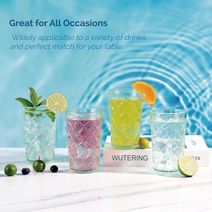 CREATIVELAND Drinking Highball Glasses Set of 4, Vintage Cross Hatch Glass Cups - Image 5