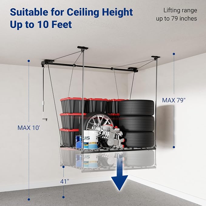 FLEXIMOUNTS Overhead Garage Storage Rack Lift, 4x4 Ft Heavy-Duty Garage Ceiling - Image 4