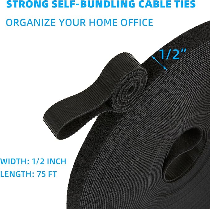 75 ft x 1/2 inch Hook and Loop Roll, Reusable Fastening Cable Ties, Office and - Image 2