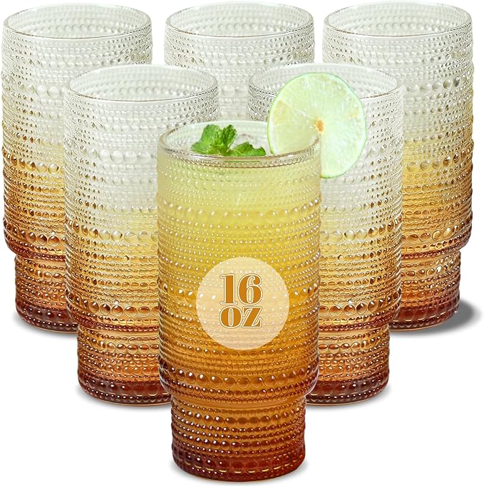 Large Capacity 16 oz Hobnail Drinking Glasses Set of 6, Vintage Glassware by Cowjut