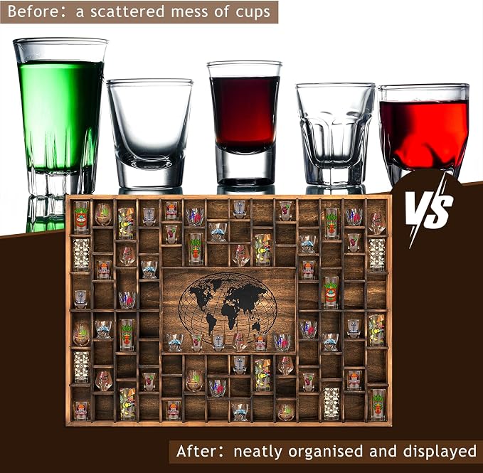 GlikCeil 88 Slots 48 x 34'' Jumbo World Map Shot Glass Display Case Rustic Wood - Image 4